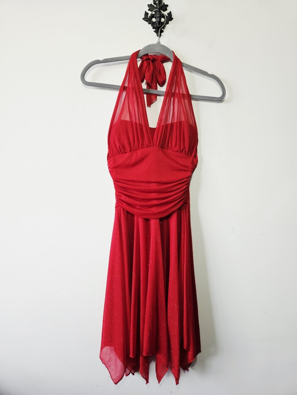 Vintage 90's Mariposa Ruched Halter Dress Size M Red Sheer Hankerchief Hem Y2K